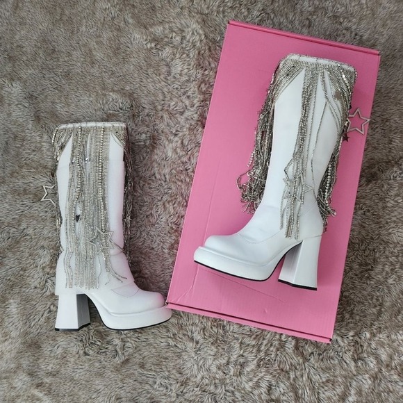 Sugar Thrillz Starlet Effect Platform Boots White And Silver - Picture 1 of 6